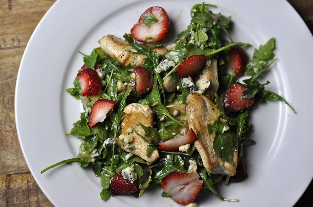 Sautéed Chicken with Arugula Strawberries Blue Cheese and Sherry