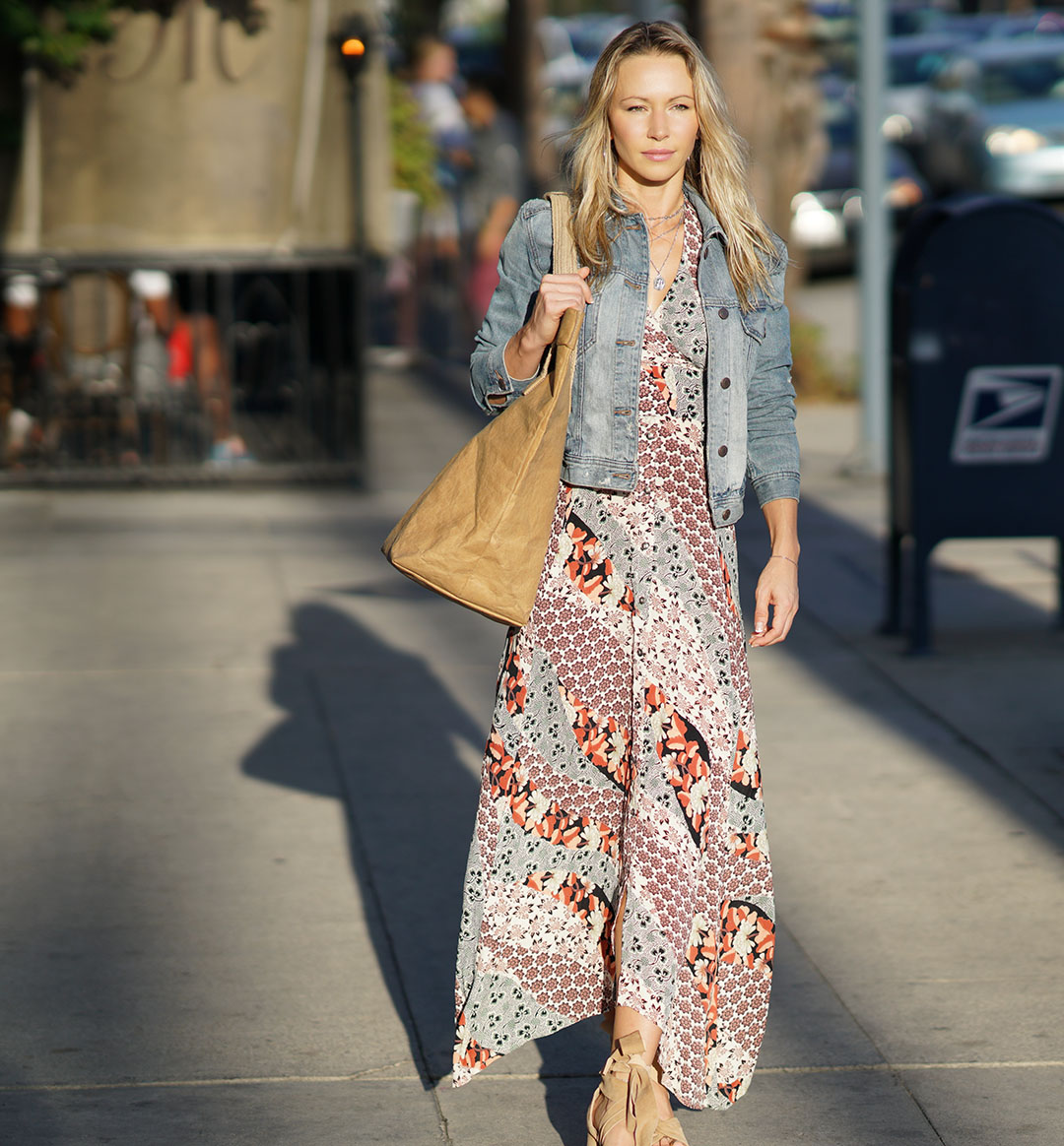 Denim shirt shop over maxi dress